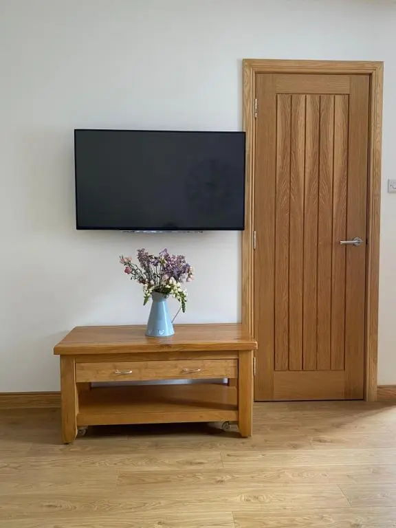 a vase of flowers on a table in front of a television at The Den in Stuartfield
