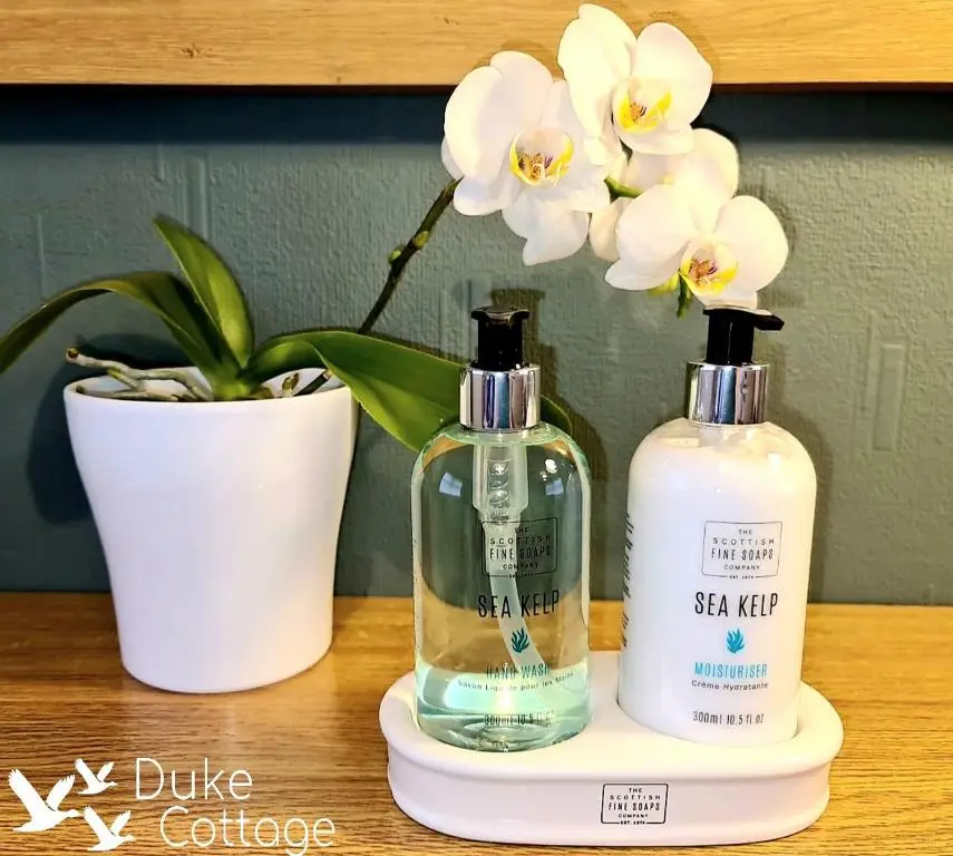 two bottles of soap and a flower on a table at Duke Cottage in Fochabers