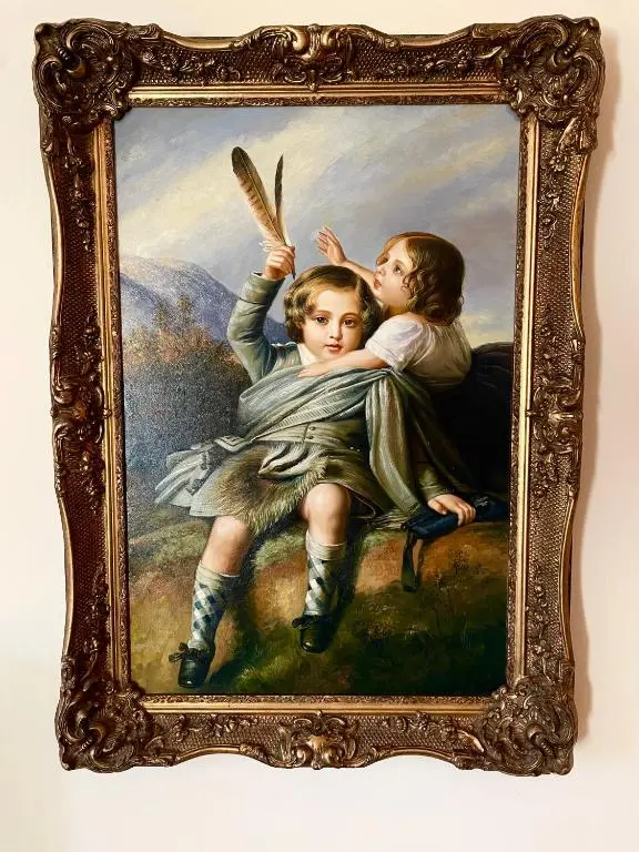 a painting of two children holding a knife at Talisker in Nairn