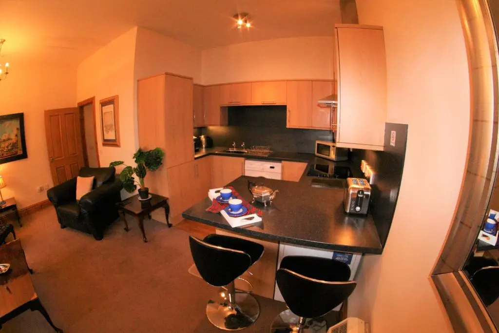 an aerial view of a kitchen and a living room at Glenfiddich in Nairn