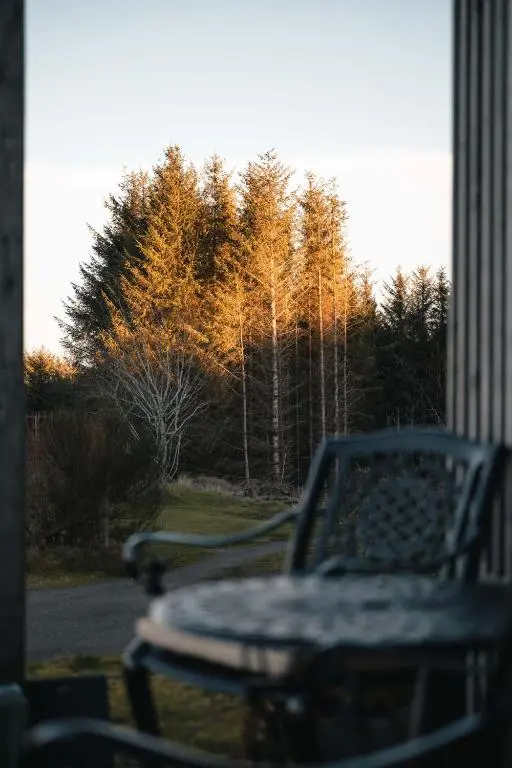 a table and chairs on a porch with trees in the background at The Bothy at Coneloch in Elgin