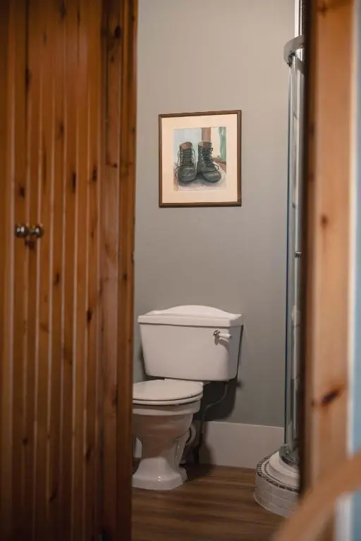 a bathroom with a toilet and a picture on the wall at The Bothy at Coneloch in Elgin