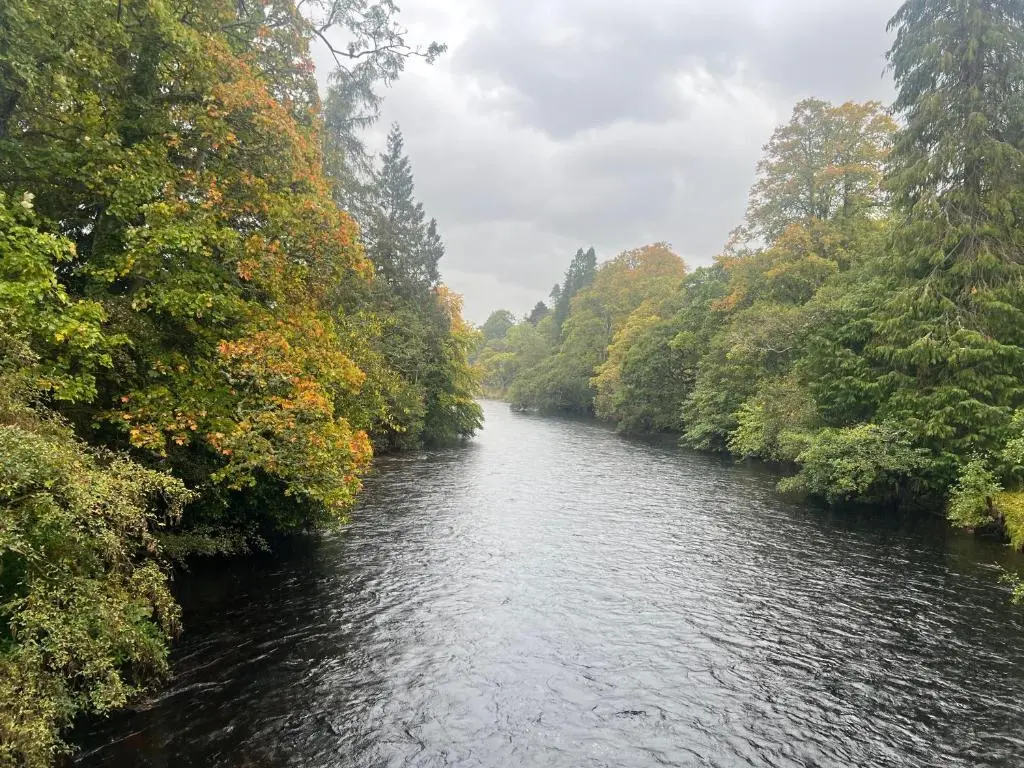 a river with trees on both sides of it at Balnakyle in Inverness