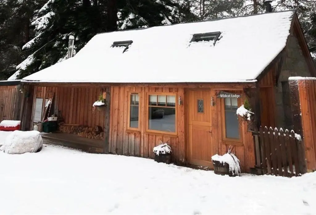 a wooden cabin with snow on top of it at Wildcat Lodge in Boat of Garten