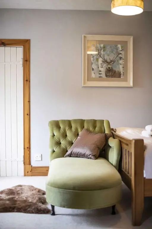 a living room with a green chair and a table at Rowan Cottage in Aviemore