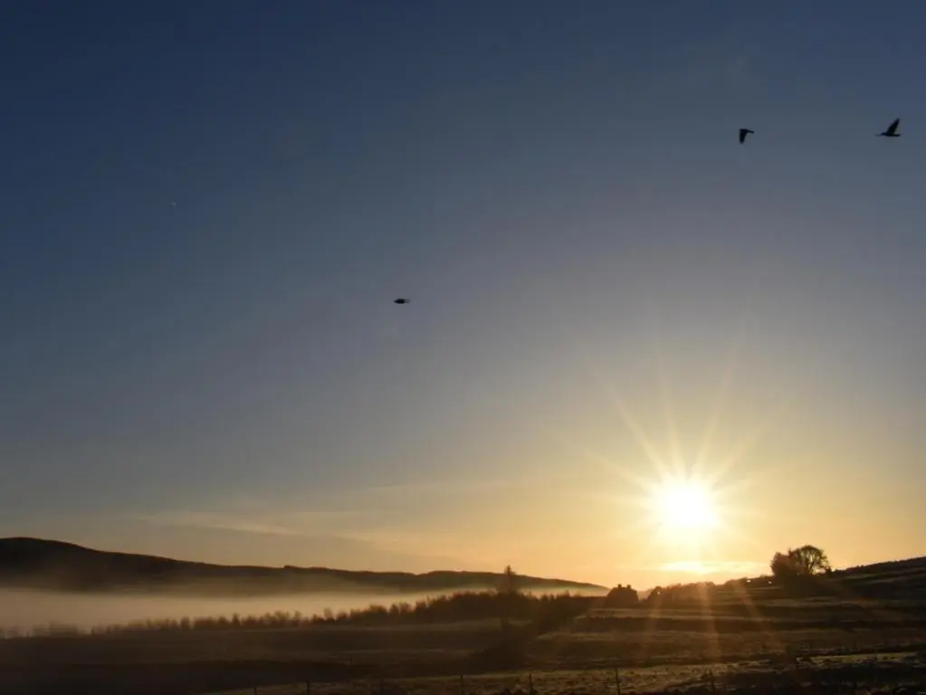 a sunrise in a field with the sun in the sky at The Barn in Lairg
