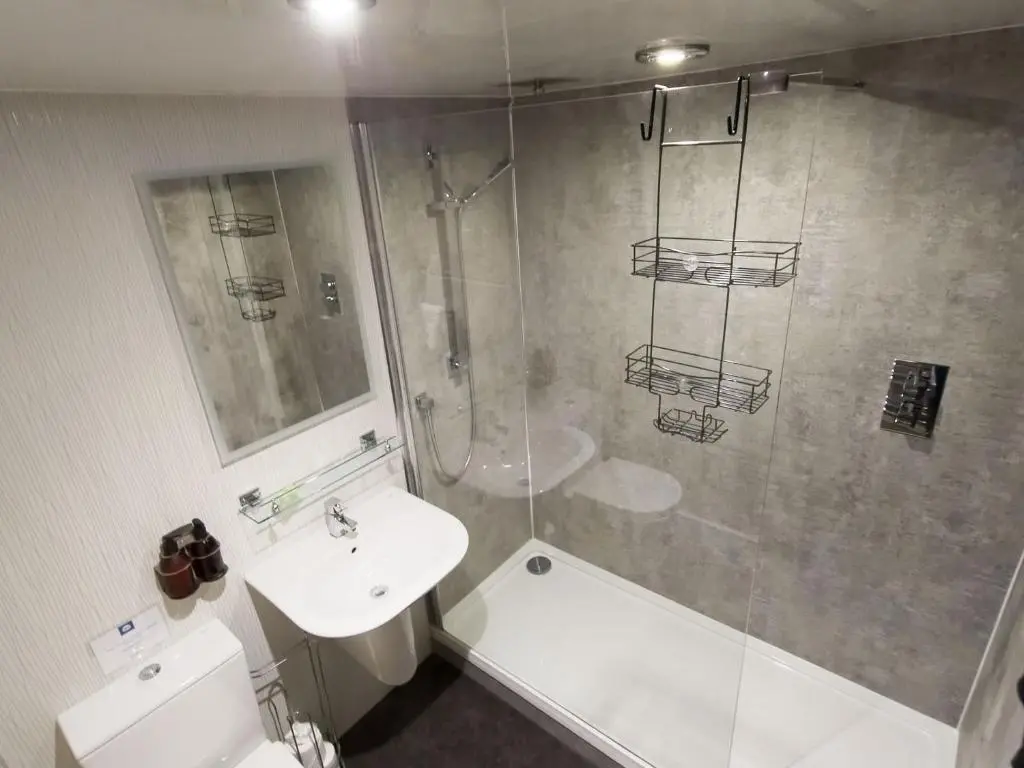 a bathroom with a shower and a toilet and a sink at The Maltings - lodge with hot tub in Nethy Bridge