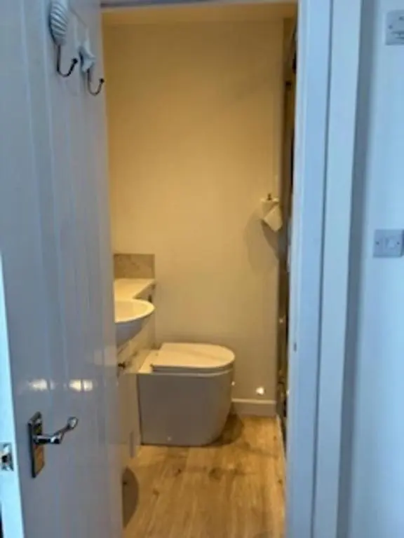 a small bathroom with a toilet and a sink at PetFriendly-Beachfront-SunsetFacingSunPorch-Garden in Portmahomack