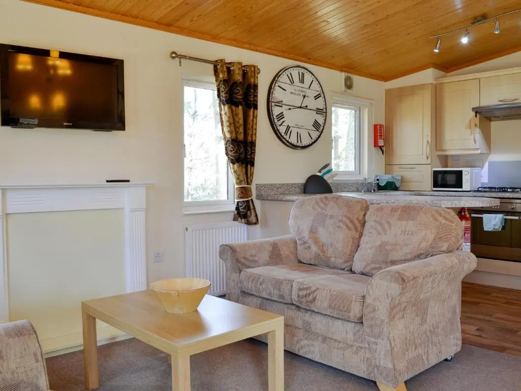 a living room with a couch and a clock on the wall at Lodge D- Uk33090 in Dinnet