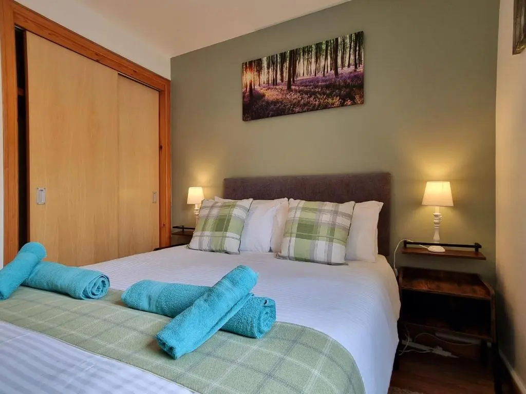 a bedroom with two blue pillows on a bed at Hill View 2 bedroom free parking in Inverness