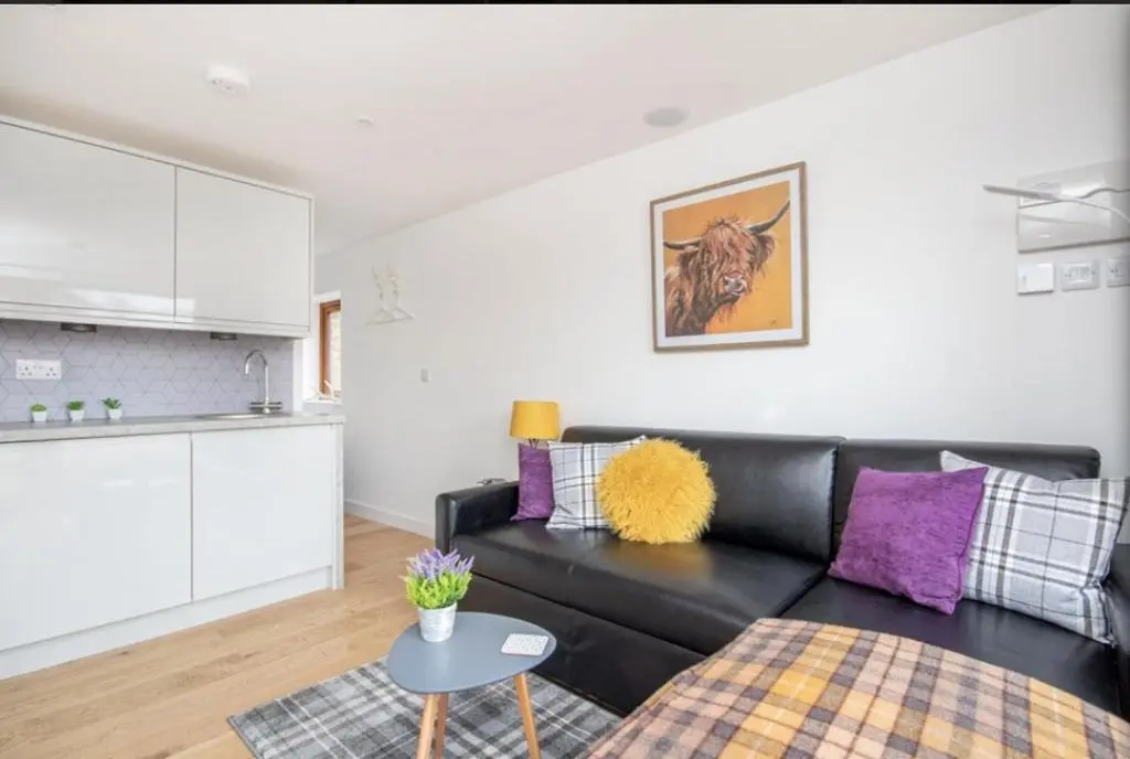 a living room with a black leather couch and purple pillows at The Nook in Inverness