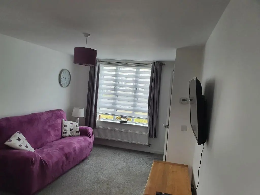 a living room with a purple couch and a window at Kellys in Inverness