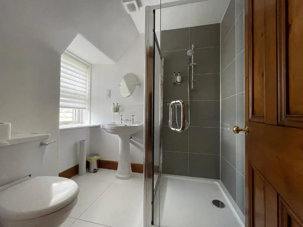 a bathroom with a shower and a toilet and a sink at Balloan Cottage in Dornoch