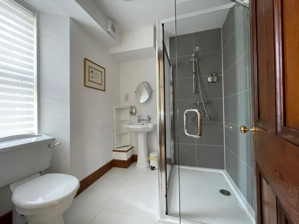 a bathroom with a shower and a toilet and a sink at Balloan Cottage in Dornoch