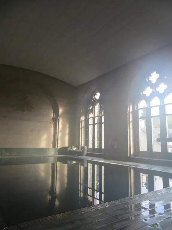 a room with a pool of water and windows at Glenwood Apartment at The Highland Club in Fort Augustus
