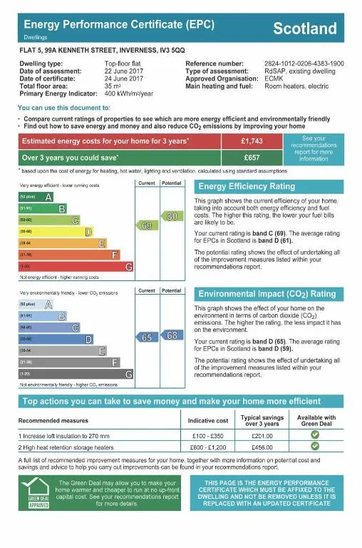 a screenshot of a document with the emergency performance certificate efrov at Modern 1 Bedroom Apartment central Inverness city in Inverness