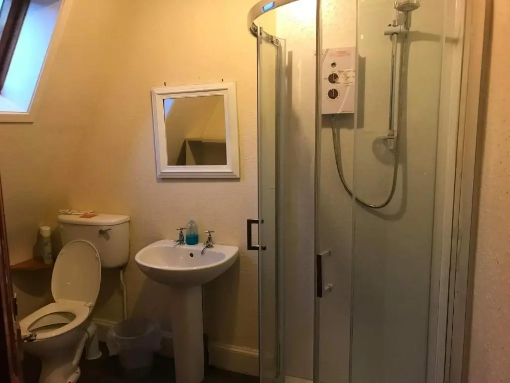 a bathroom with a toilet and a sink and a shower at Harbour bridge, Camps bar in Wick