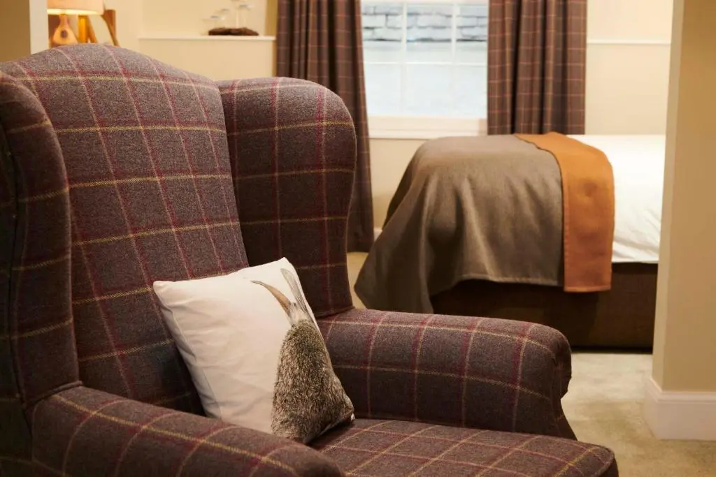a plaid chair with a pillow next to a bed at Downright Gabbler in Beauly