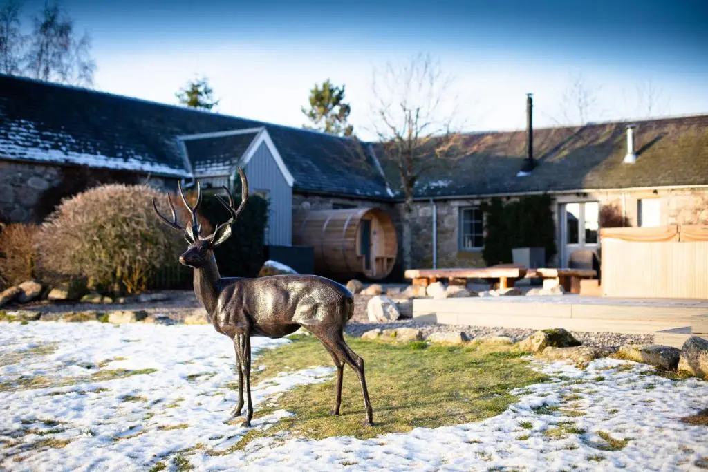 a statue of a deer standing in a yard at The Eagle's Nest - large house with hot tub and sauna in Boat of Garten