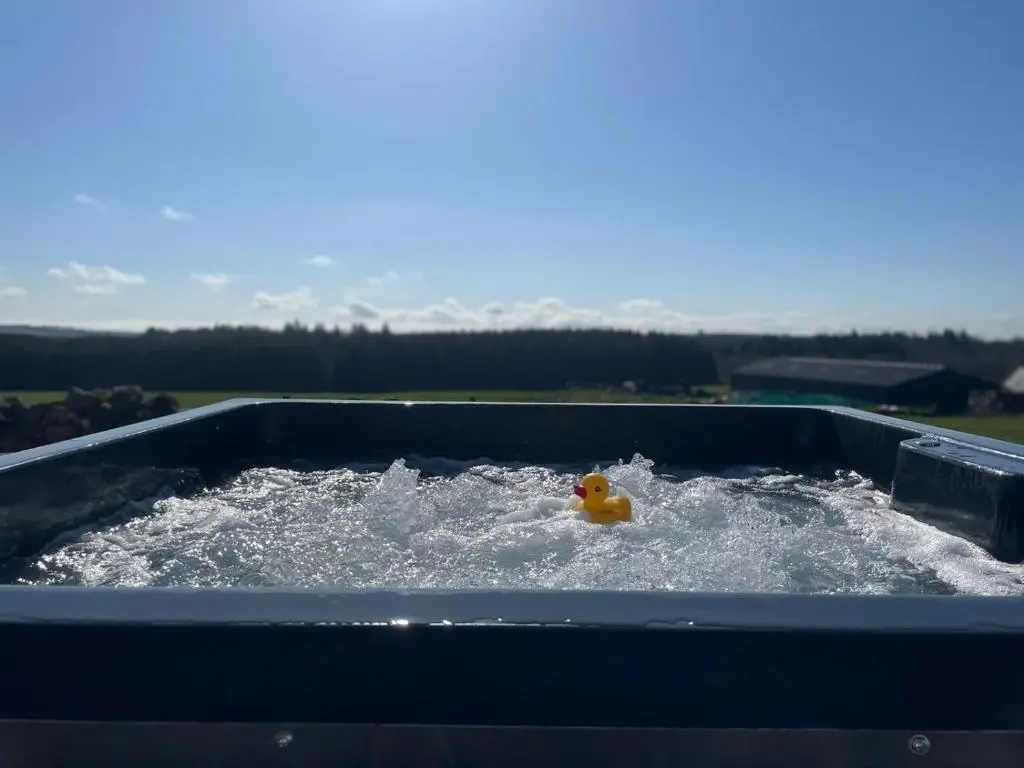 a rubber duck swimming in a tub of water at Meikle Aucheoch Holiday Cottage, plus Hot Tub, Near Maud, in the heart of Aberdeenshire in Peterhead