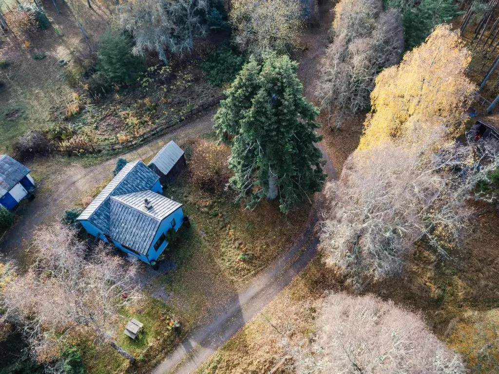 an aerial view of a blue house with trees at Holiday Home Fishermans by Interhome in Inverness