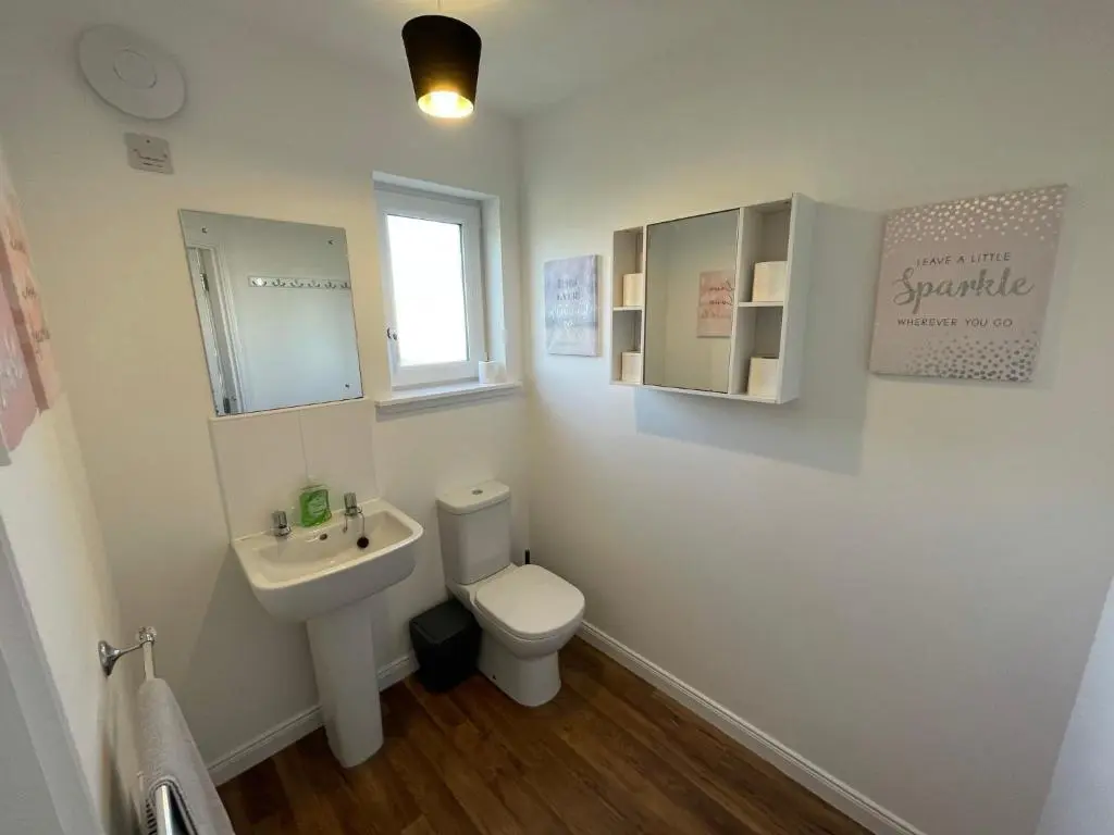 a bathroom with a toilet and a sink and a mirror at Gorsebank Mews in Inverness
