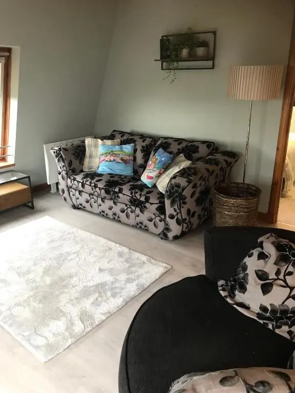 a living room with a couch and a rug at Cosy coastal hideaway with incredible sea views in Fortrose