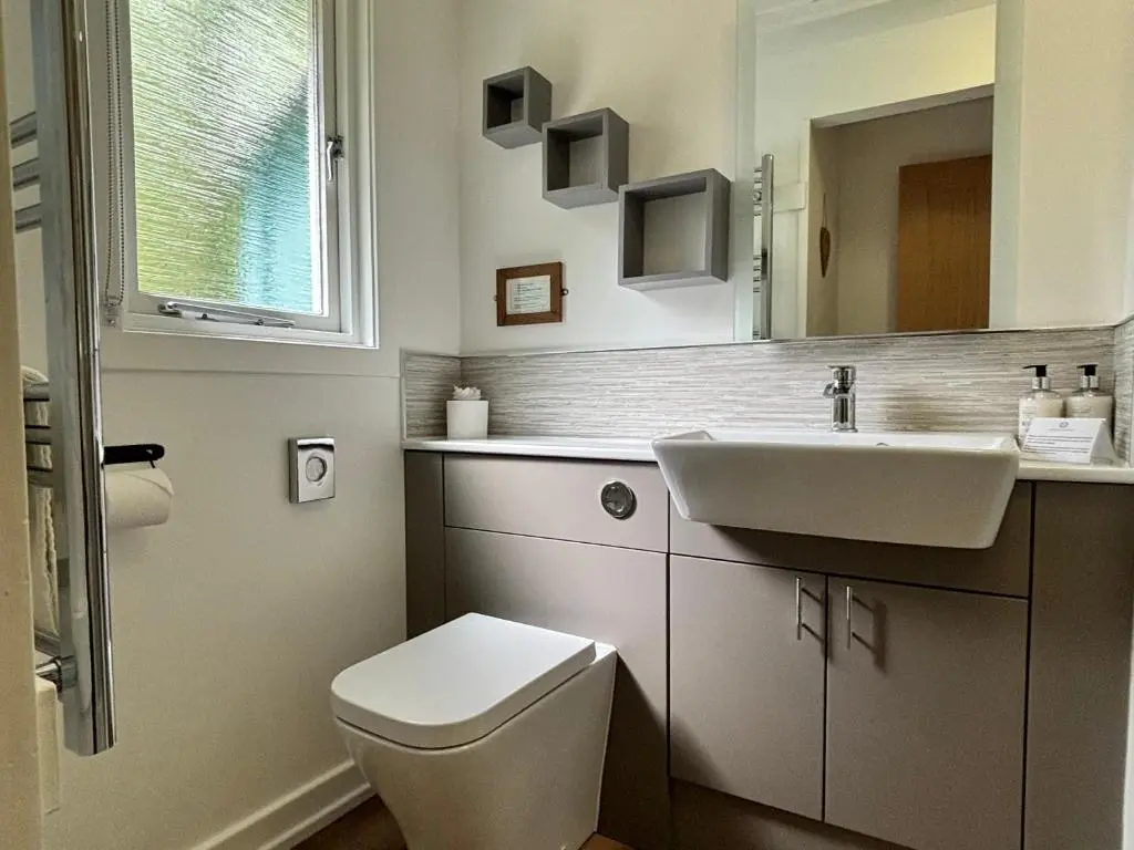 a bathroom with a sink and a toilet and a mirror at Bracken Lodge 8 with Hot Tub in Belladrum