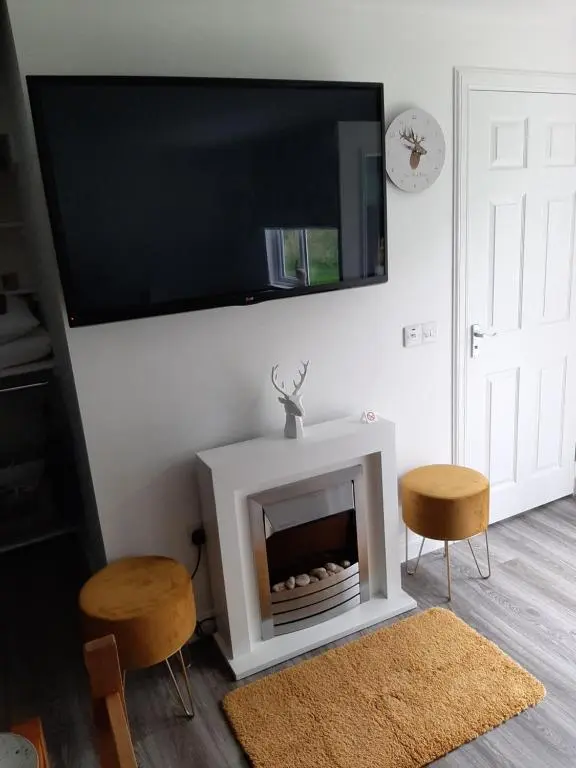 a living room with a fireplace with a flat screen tv at Beautiful studio chalet in the Highlands in Inverness