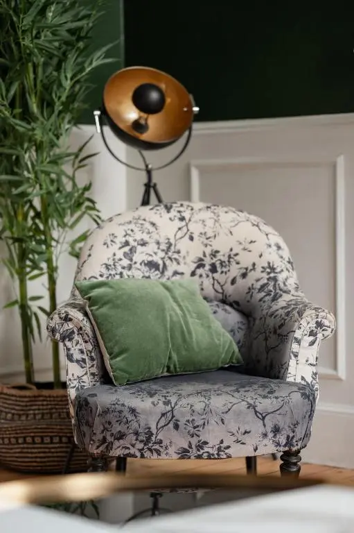 a chair with a green pillow in a room at 50TheHighstreet by The House of Danu in Kingussie