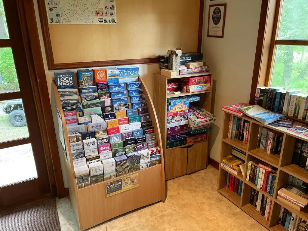 a book display in a library with books at Tullochwood Lodges in Forres