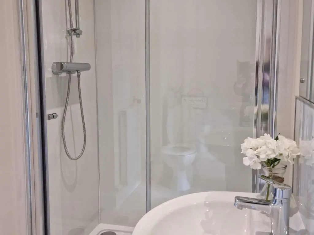 a bathroom with a shower with a sink and a toilet at Darris Farmhouse in Lochend