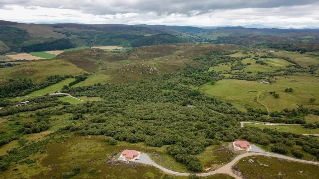 an aerial view of a hill with trees and houses at Red Kite & Osprey Lodges in Rhilochan