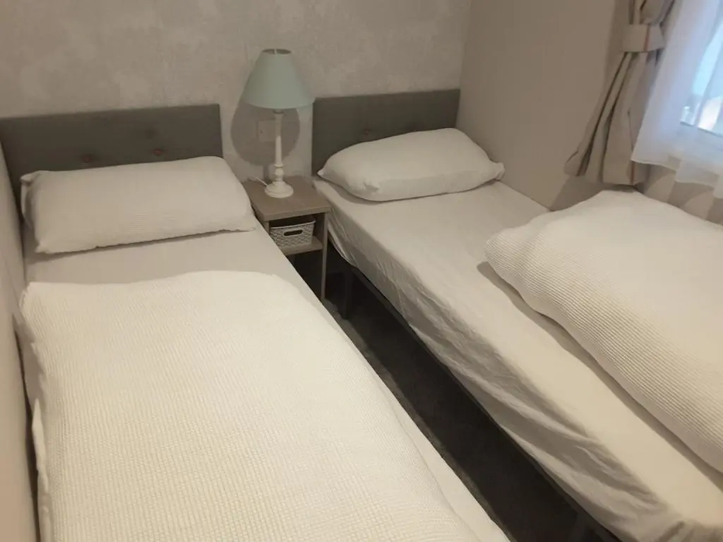 two twin beds in a room with a window at No 46 Coorie-in in Boat of Garten