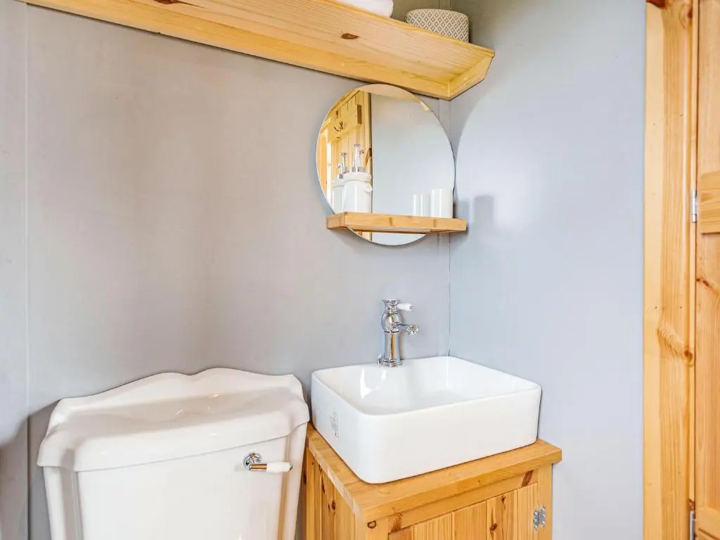 a bathroom with a toilet and a sink and a mirror at Woodside Hut 2 - Uk36106 in Auchterneed