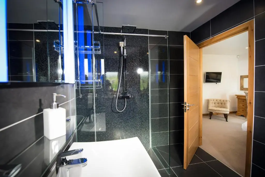 a bathroom with a shower and a toilet and a sink at Blue Sky Lodges. Atlas & Aurae in Croy