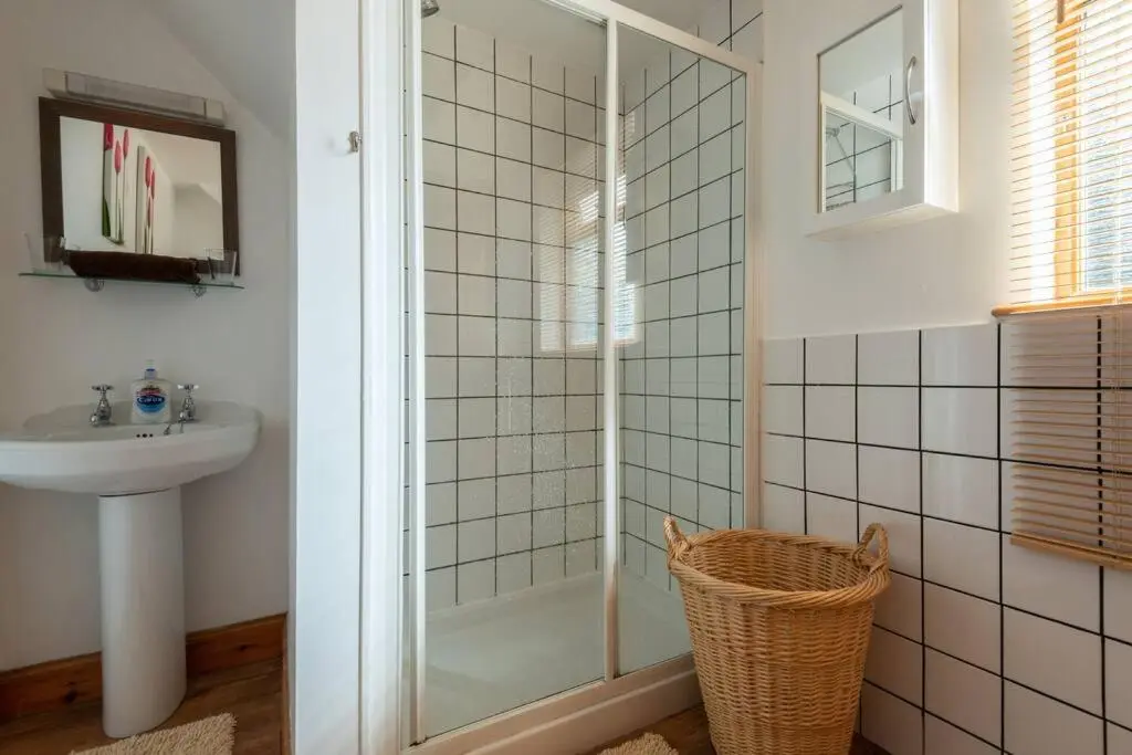 a bathroom with a shower and a sink at The Beeches Studio, Highlands of Scotland in Newtonmore