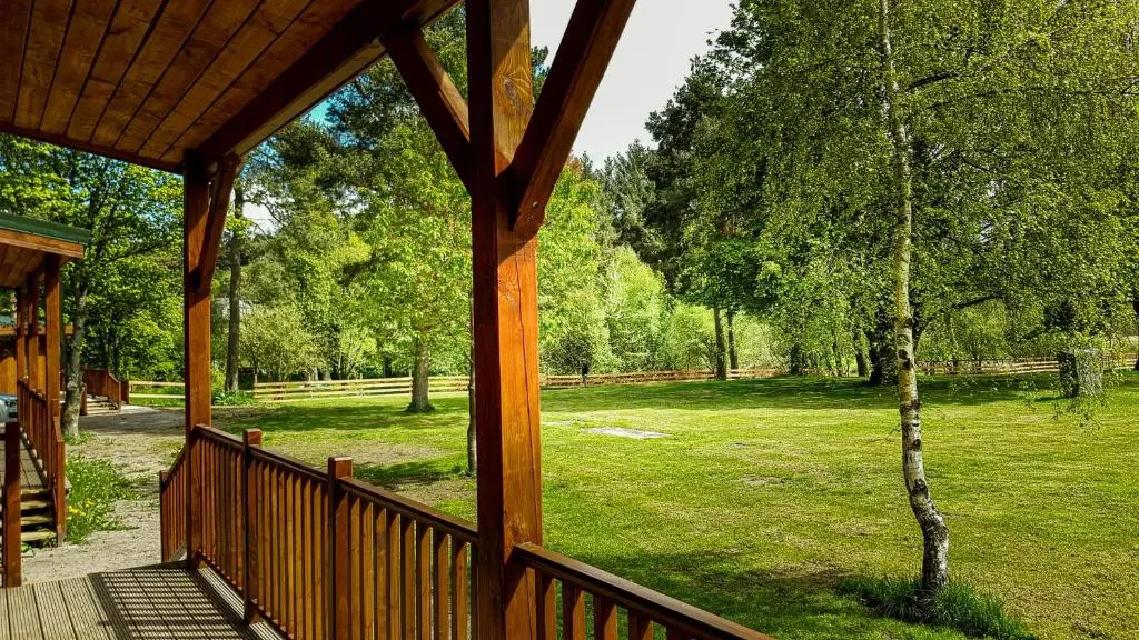 a porch of a cabin with a view of a park at Marcassie Farm Lodges - Birch Studio in Forres