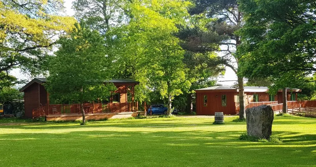 a house in a field with a yard with trees at Marcassie Farm Lodges - Ash Studio in Forres