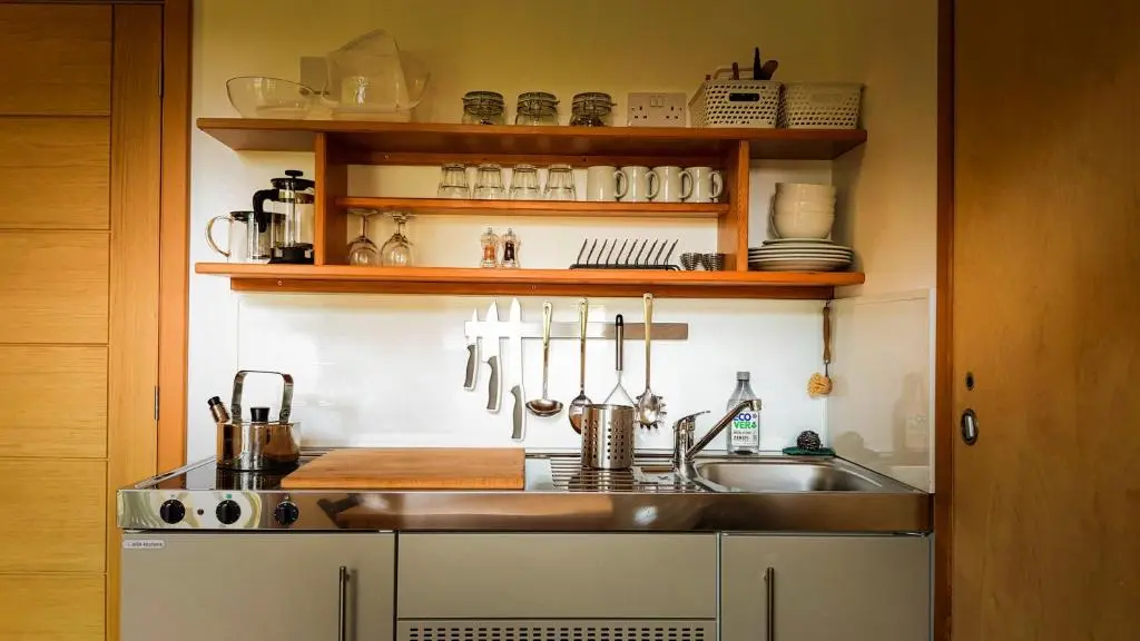a kitchen with a sink and a counter top at Marcassie Farm Lodges - Oak Studio - Accessible in Forres