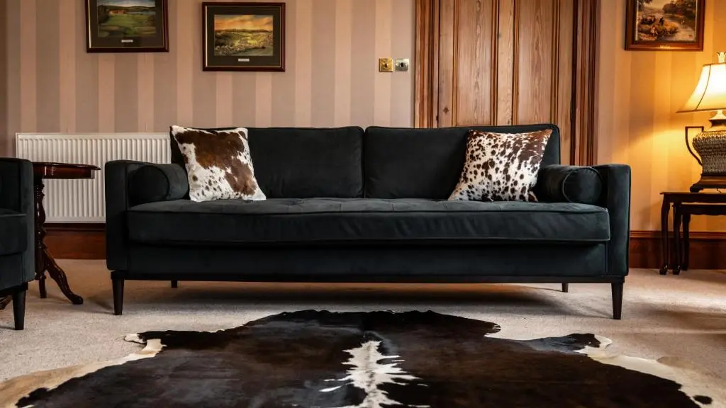 a black couch sitting in a living room at The Old Bank House Self Catering Apartment Dornoch in Dornoch