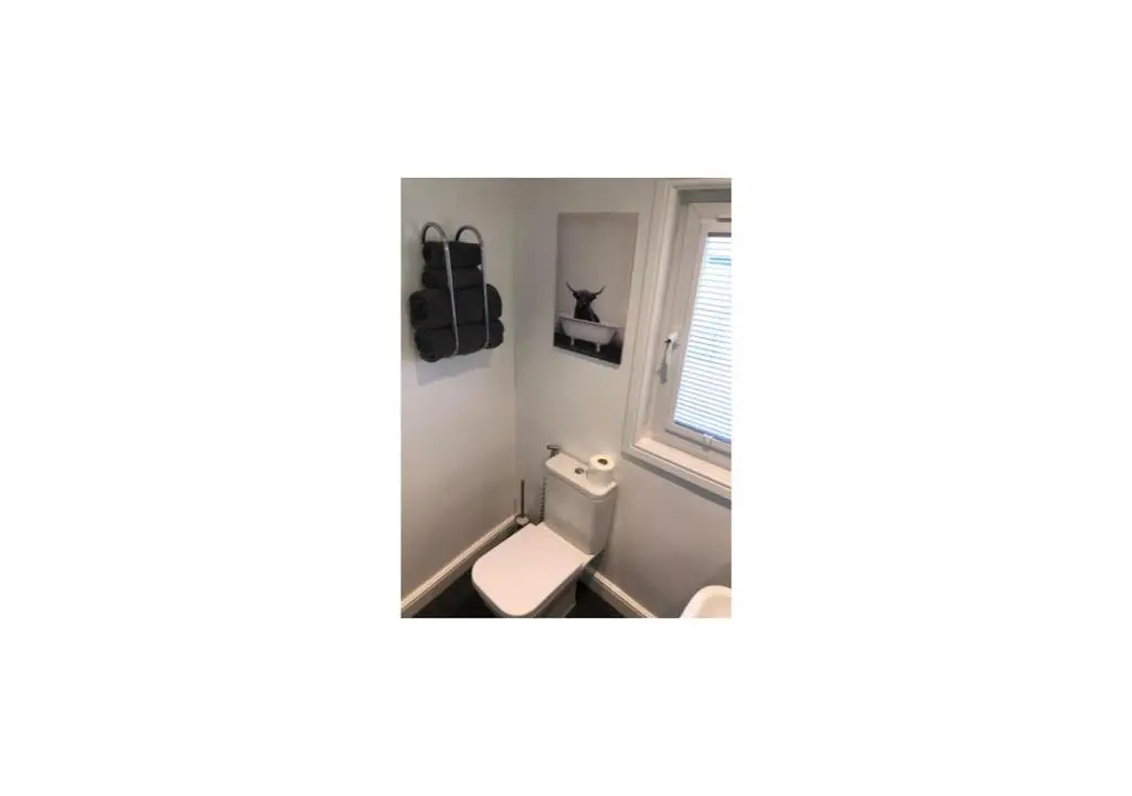 a bathroom with a toilet and a window at Grey Apartment in Inverness