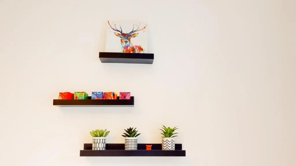 a white wall with two black shelves with plants at Alpine View - a cosy Aviemore House in Aviemore