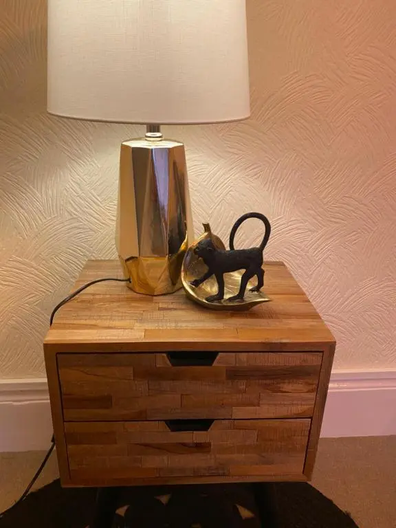 a table with a lamp and a cat statue on it at Inverness city apartments - Innes in Inverness