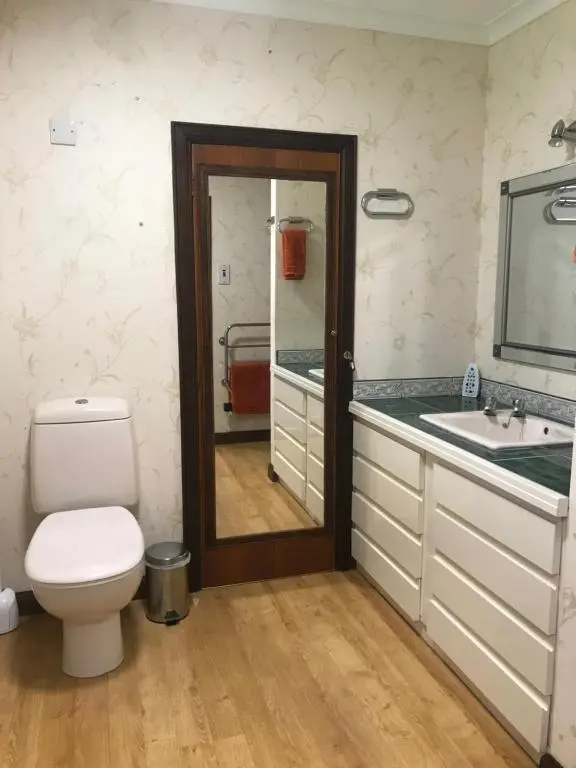 a bathroom with a toilet and a sink and a mirror at Pine Chalet in Muir of Ord