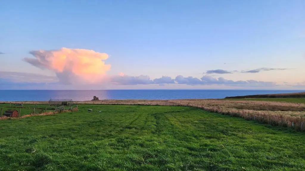 a field with the ocean in the background at Castle Shieling in Latheron