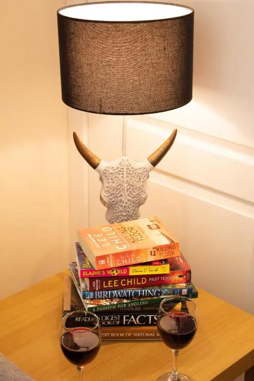 a stack of books sitting on a table with a lamp at Druim An Lochain Cottage in Kinrara