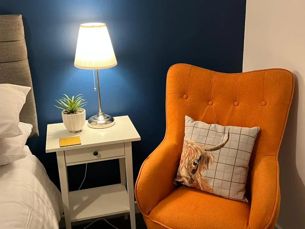 an orange chair with a picture of a dog on a pillow at Delightful, central 3 bedroom house with garden & free parking in Inverness