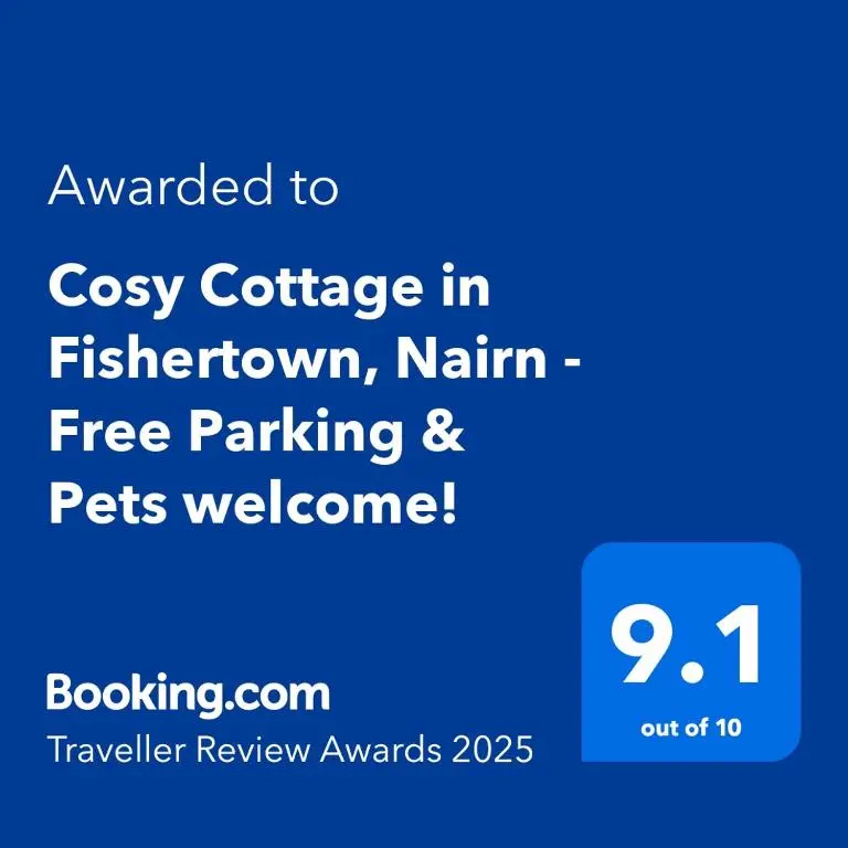 a screenshot of a cell phone with the text awarded to cozy cottage in fishtown at Cosy Cottage in Fishertown, Nairn - Free Parking & Pets welcome in Nairn