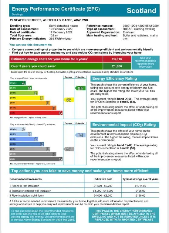 a screenshot of the energy performance certificate evg document at 29 Seafield Street in Whitehills